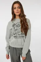 Ardene Printed Crew Neck Sweatshirt in Light Grey | Size | Polyester/Cotton | Fleece-Lined