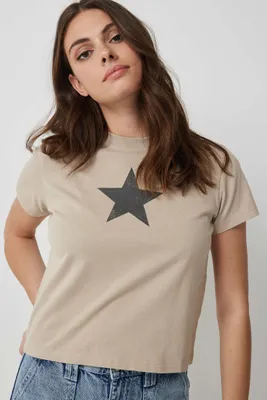 Ardene Crop Graphic T-Shirt in Beige | Size | 100% Cotton