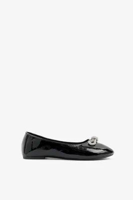 Ardene Ballet Flats with Rhinestone Bow Embellishment in Black | Size | Faux Leather