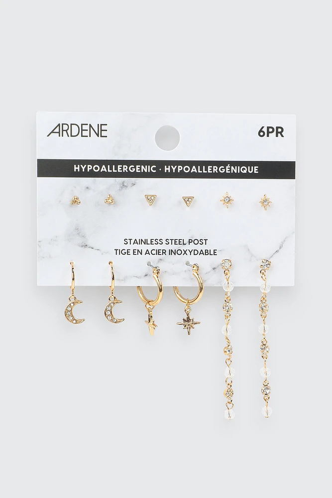 Ardene 6-Pack Celestial Studs & Hoop Earrings in Gold | Stainless Steel