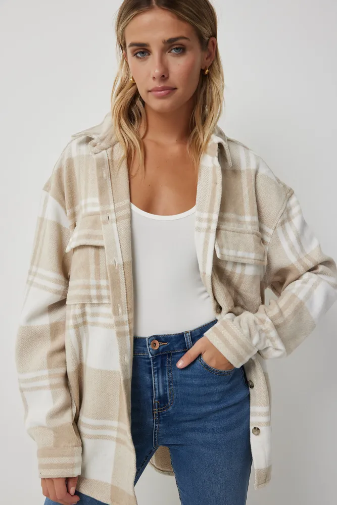 Ardene Wool Like Plaid Shacket in Beige | Size | Polyester