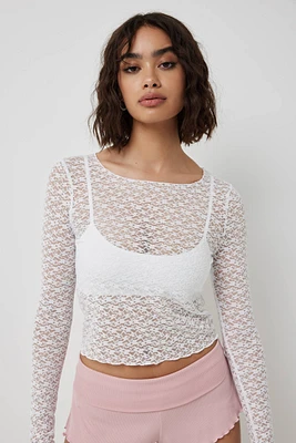 Ardene Lace Long Sleeve PJ Top in White | Size | Nylon/Spandex | Eco-Conscious