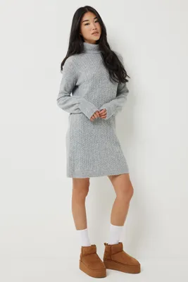 Ardene Cable Knit Turtleneck Sweater Dress in Light Grey | Size | Polyester/Nylon/Elastane