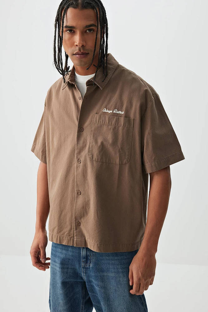 Ardene Man Short Sleeve Boxy Shirt For Men in Brown | Size | Cotton/Elastane
