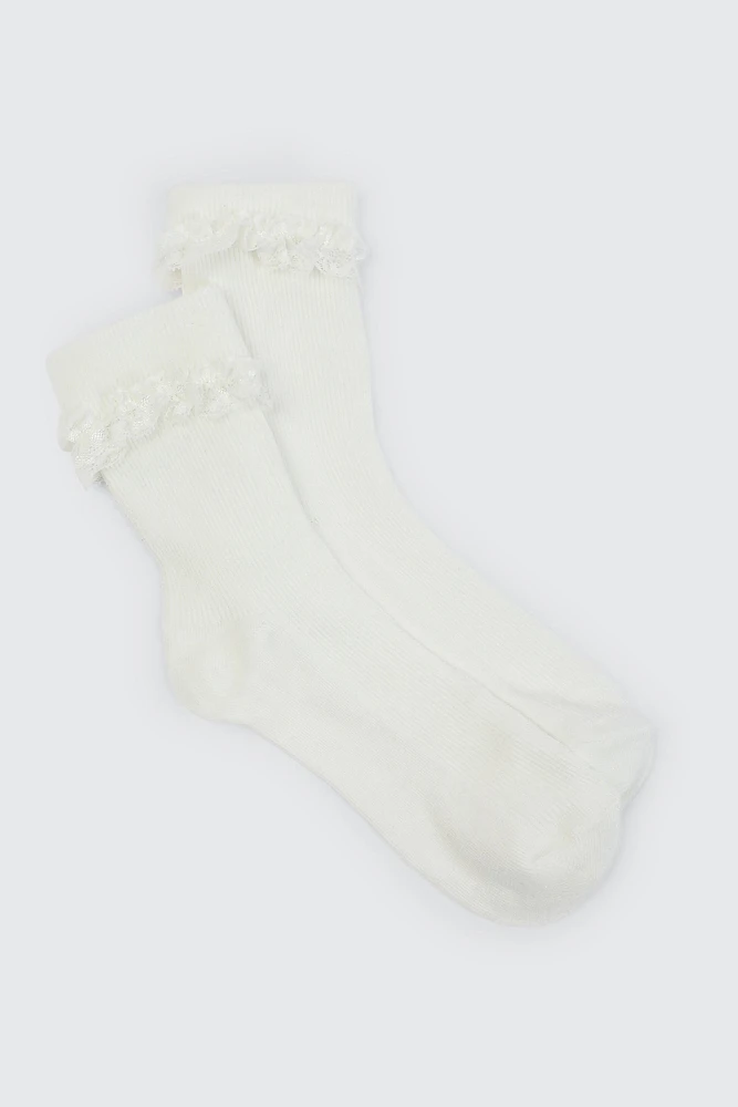 Ardene Kids 2-Pack Lace Trim Crew Socks in White | Polyester/Spandex