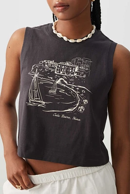 Ardene Graphic Boxy Muscle Tank in Dark Grey | Size | 100% Cotton