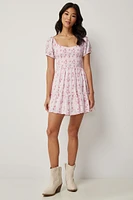 Ardene Smocked Mini Dress with Puff Sleeves in Light Pink | Size | Polyester/Rayon