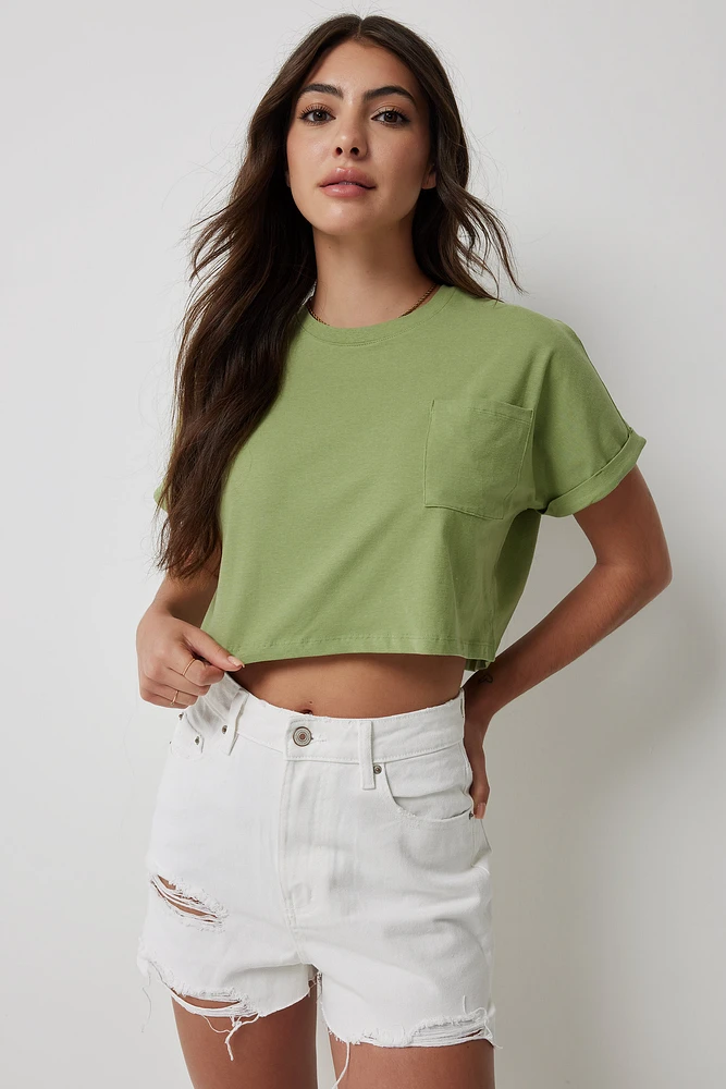 Ardene Basic Dolman Crop Boxy T-Shirt in Light Green | Size | Cotton/Elastane | Eco-Conscious