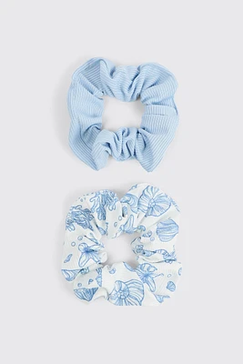 Ardene 2-Pack Seashell & Solid Scrunchies in Light Blue