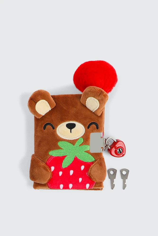 Ardene Kids Plush Strawberry Bear Diary with Lock & Pen in Cognac