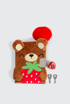 Ardene Kids Plush Strawberry Bear Diary with Lock & Pen in Cognac