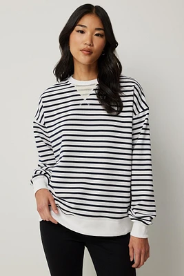 Ardene Oversized Striped French Terry Sweatshirt in White | Size | Polyester/Cotton/Elastane