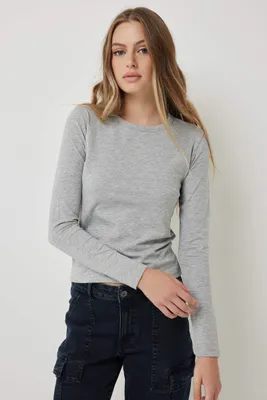 Ardene Basic Long Sleeve T-Shirt in Light Grey | Size | Cotton/Elastane