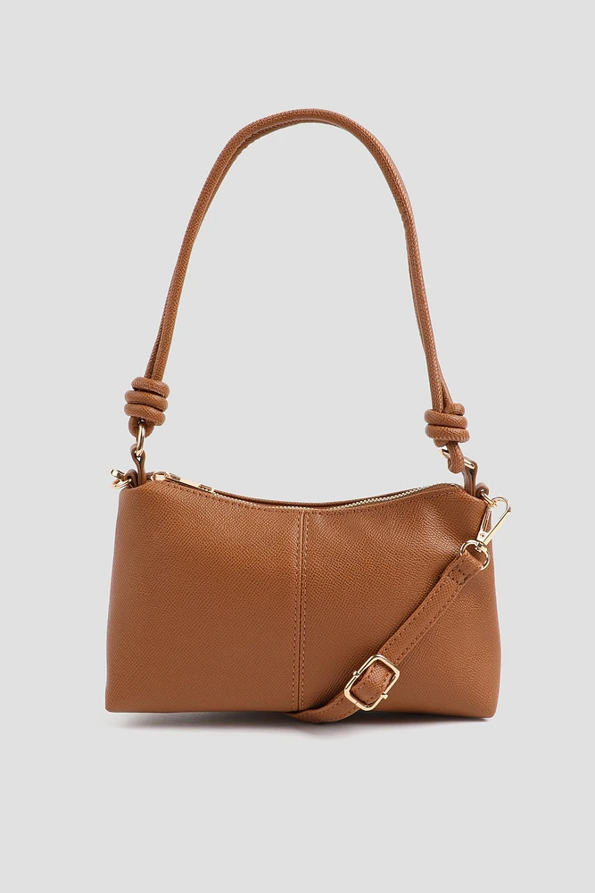 Ardene Knotted Handle Shoulder Bag in Cognac | 100% Recycled Polyester/Faux Leather | Eco-Conscious