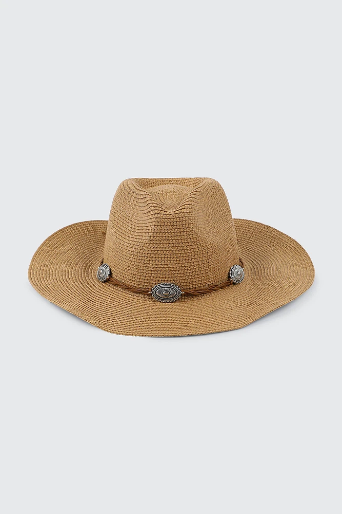 Ardene Straw Cowboy Hat with Medallions in Beige