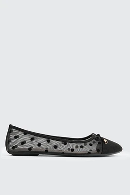 Ardene Polka Dot Mesh Ballet Flats in Black | Size | Faux Leather