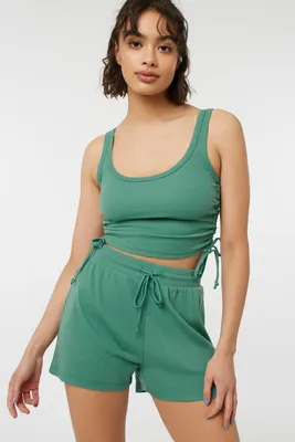 Ardene Ribbed Tank with Side Rushing in Medium Green | Size | Polyester/Cotton/Elastane