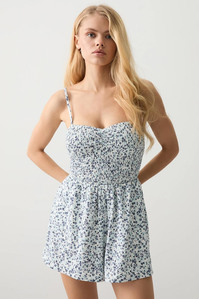 Ardene Floral Smocked Bodice Romper in Light Blue | Size | Polyester/Spandex