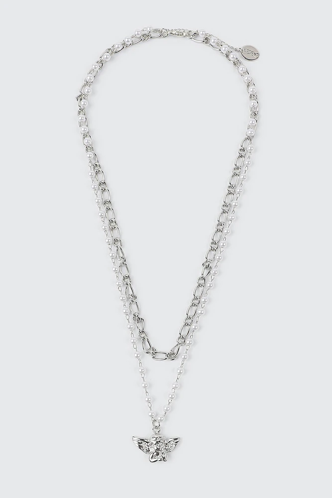 Ardene Two-Row Necklace with Angel Pendant in Silver