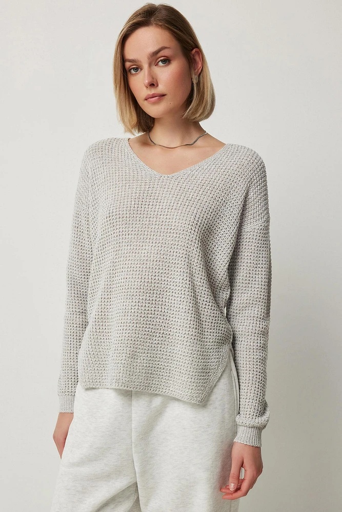 Ardene Shaker Stitch V-Neck Sweater in Light Grey | Size | 100% Acrylic