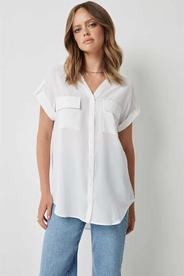 Ardene Tunic Shirt with Mao Collar in White | Size | Polyester/Elastane