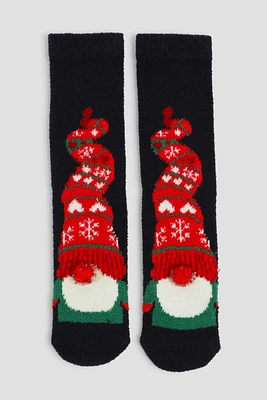 Ardene Holiday Gnome Cozy Socks in Black | Polyester/Spandex