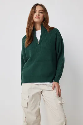 Ardene Half-Zip Mock Neck Sweater in Dark Green | Size | 100% Acrylic