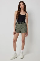 Ardene High Rise Cargo Shorts with Belt in Khaki | Size | Cotton/Elastane