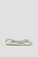 Ardene Kids Sequin Ballet Flats with Bow in Silver | Size