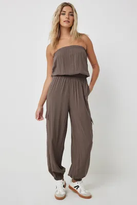 Ardene Tube Jumpsuit with Cargo Pockets in Brown | Size | Rayon