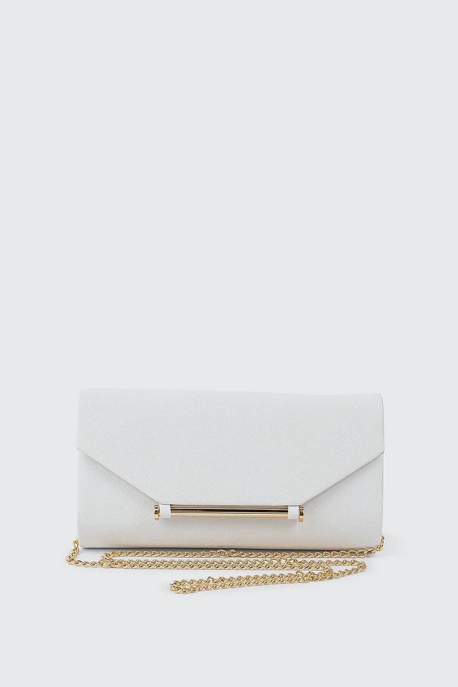 Ardene Clutch with Gold Tone Bar Detail in White | Polyester
