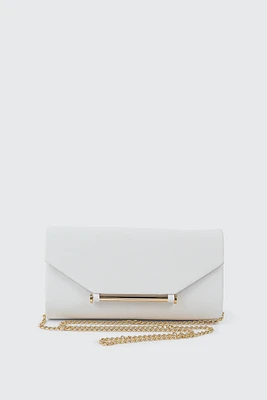 Ardene Clutch with Gold Tone Bar Detail in White | Polyester