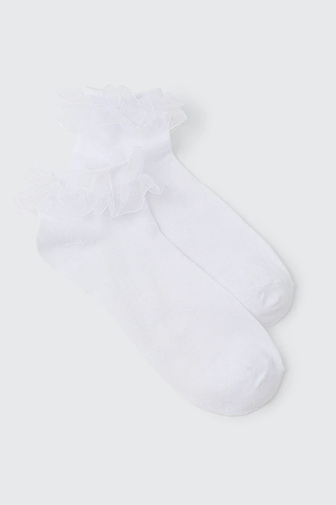 Ardene Chiffon Frill Demi Crew Socks in White | Polyester/Spandex