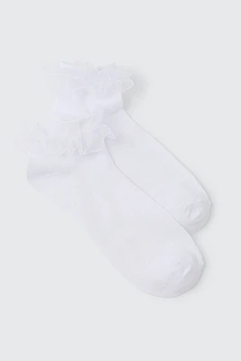 Ardene Chiffon Frill Demi Crew Socks in White | Polyester/Spandex