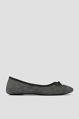Ardene Denim Ballet Flats with Bow in Grey | Size