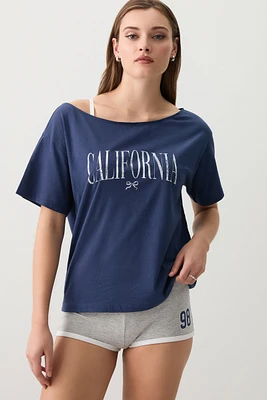 Ardene Off Shoulder Graphic PJ Top in Dark Blue | Size | Cotton/Viscose | Eco-Conscious