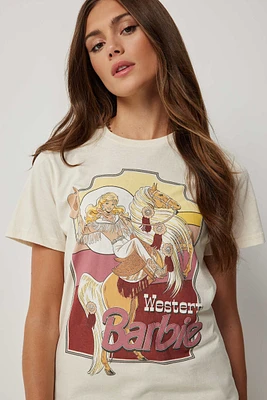 Ardene Oversized Western Barbie Graphic T-Shirt in Beige | Size | Polyester/Cotton