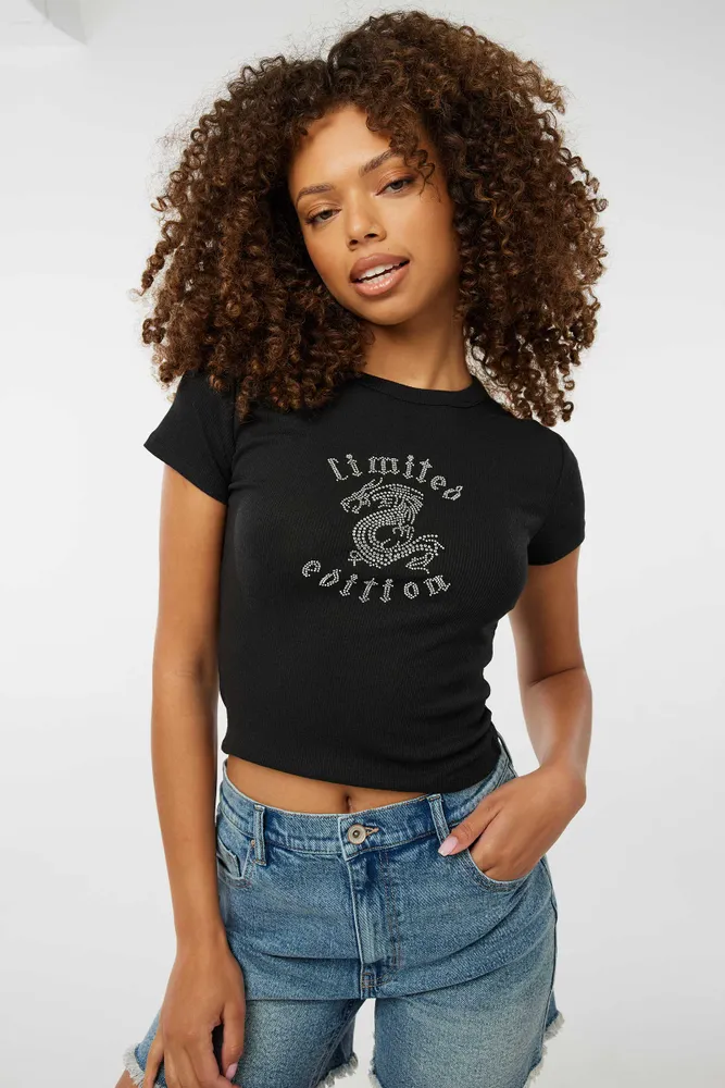 Black Crop Top with Rhinestone Fringes