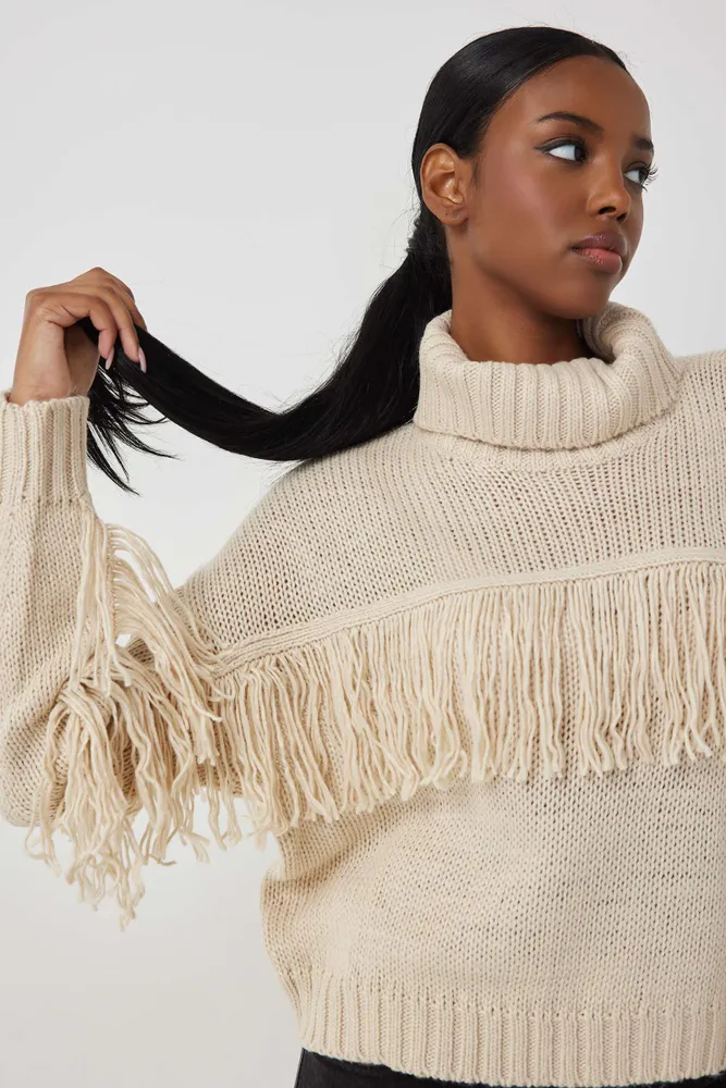 Ardene Turtleneck with Fringes in Beige | Size | 100% Acrylic