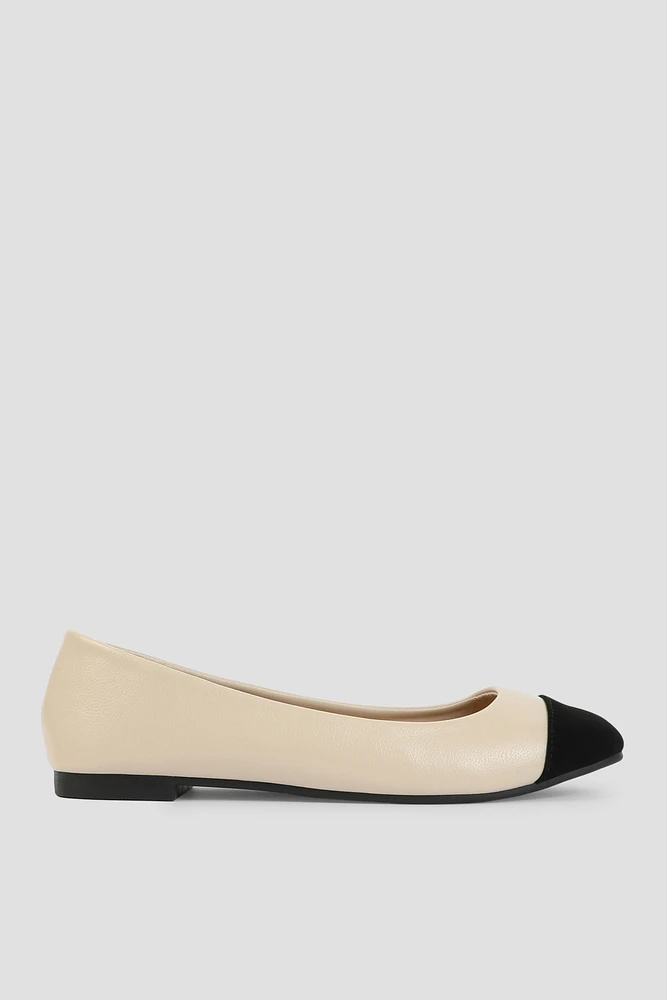 Ardene Contrast Toe Cap Ballet Flats in Beige | Size | Faux Leather