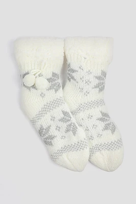 Ardene Snowflake Slipper Socks in White | Polyester/Spandex