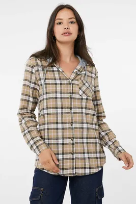 Ardene Snap-Button Plaid Hooded Shirt in Beige | Size | Polyester/Rayon/Cotton