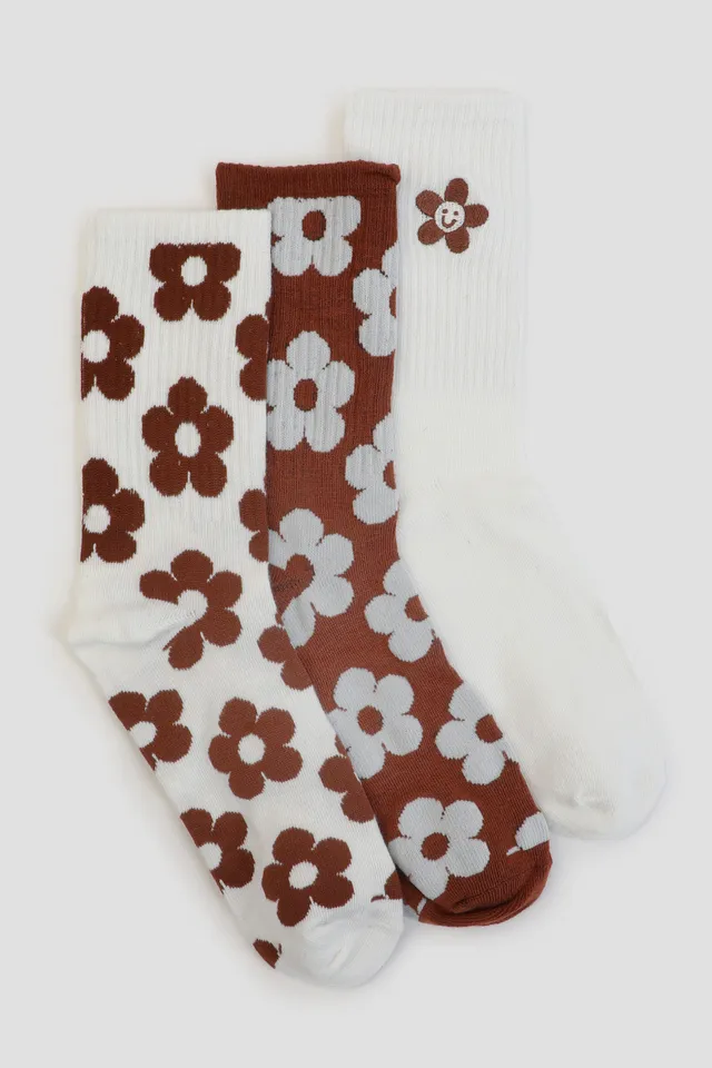 Ardene 3-Pack Daisy Crew Socks in Brown, Polyester/Spandex