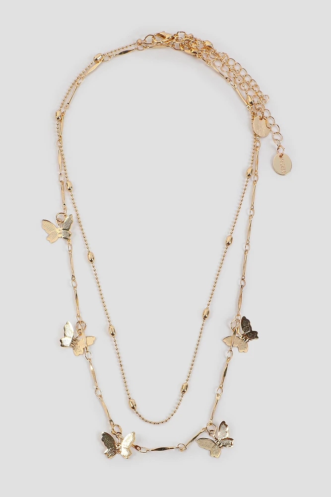 Ardene Two-Row Necklace with Butterfly Charms in Gold