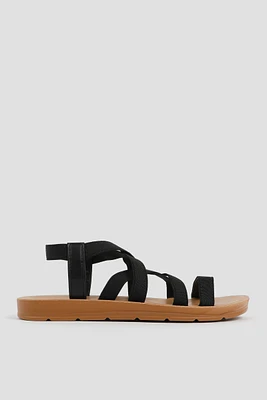 Ardene Elastic Strap Flat Sandals in Black | Size