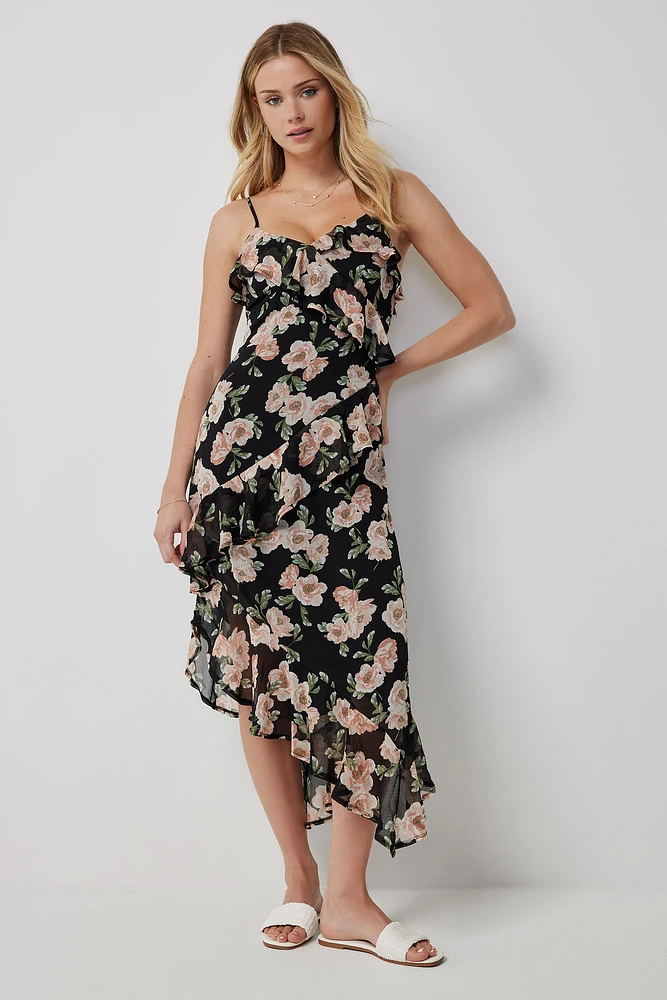 Ardene Floral Asymmetrical Ruffle Midi Dress in | Size