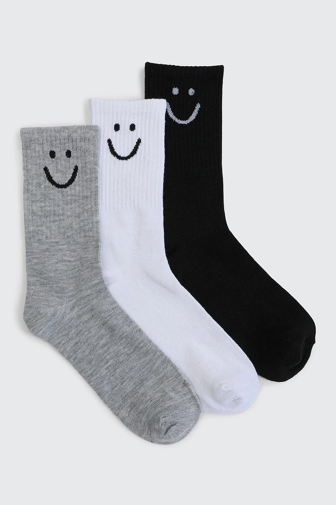 Ardene 3-Pack of Smiley Face Crew Socks in Grey | Polyester/Spandex