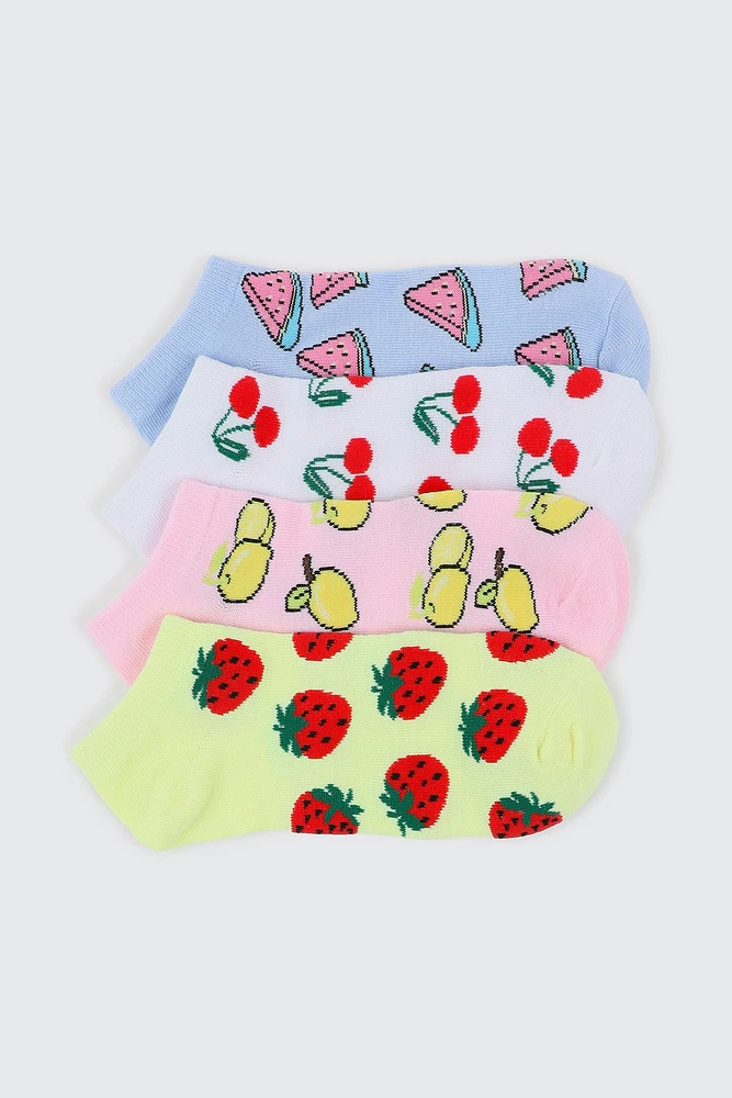 Ardene 4-Pack of Fruit Print Ankle Socks | Size 28 | Polyester/Spandex