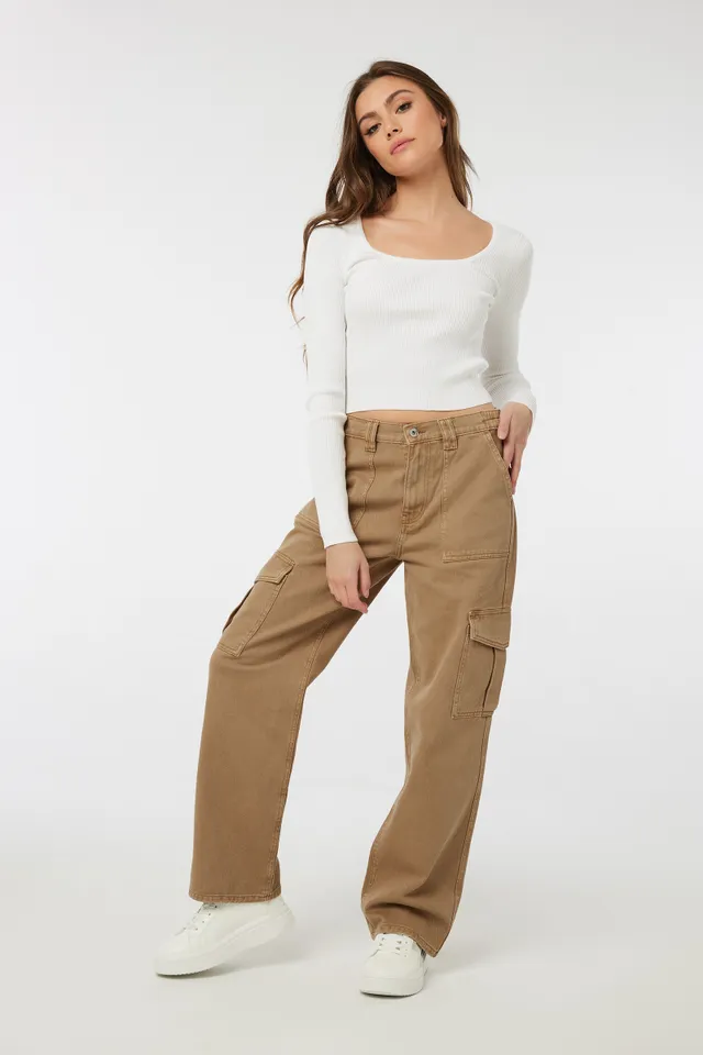 Ardene 90's High Rise Colored Carpenter Jeans in Beige, Size, 100% Cotton