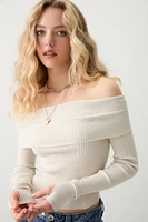 Ardene Rib Off Shoulder Sweater in Beige | Size | Polyester/Polyamide/Viscose